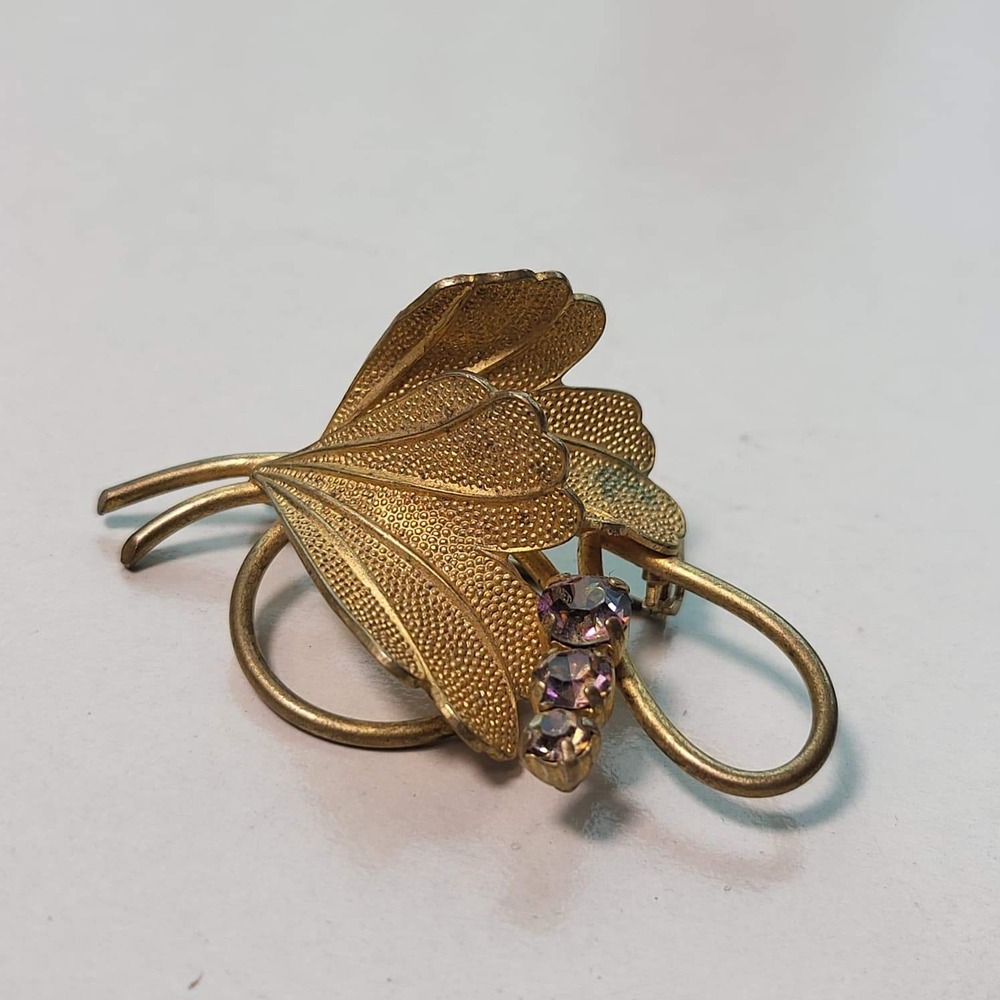 Vintage BSK Gold Tone Ginkgo Leaf Brooch OS Gold Purple Rhinestone MCM Pin - Picture 5 of 5